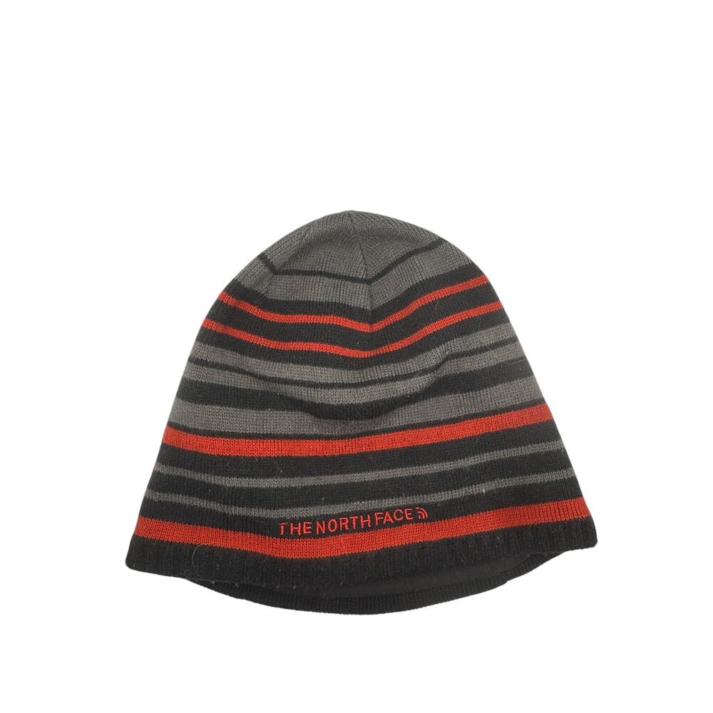 Y2k The North Face Knit Beanie Hat Black Gray Red Striped Winter One Size